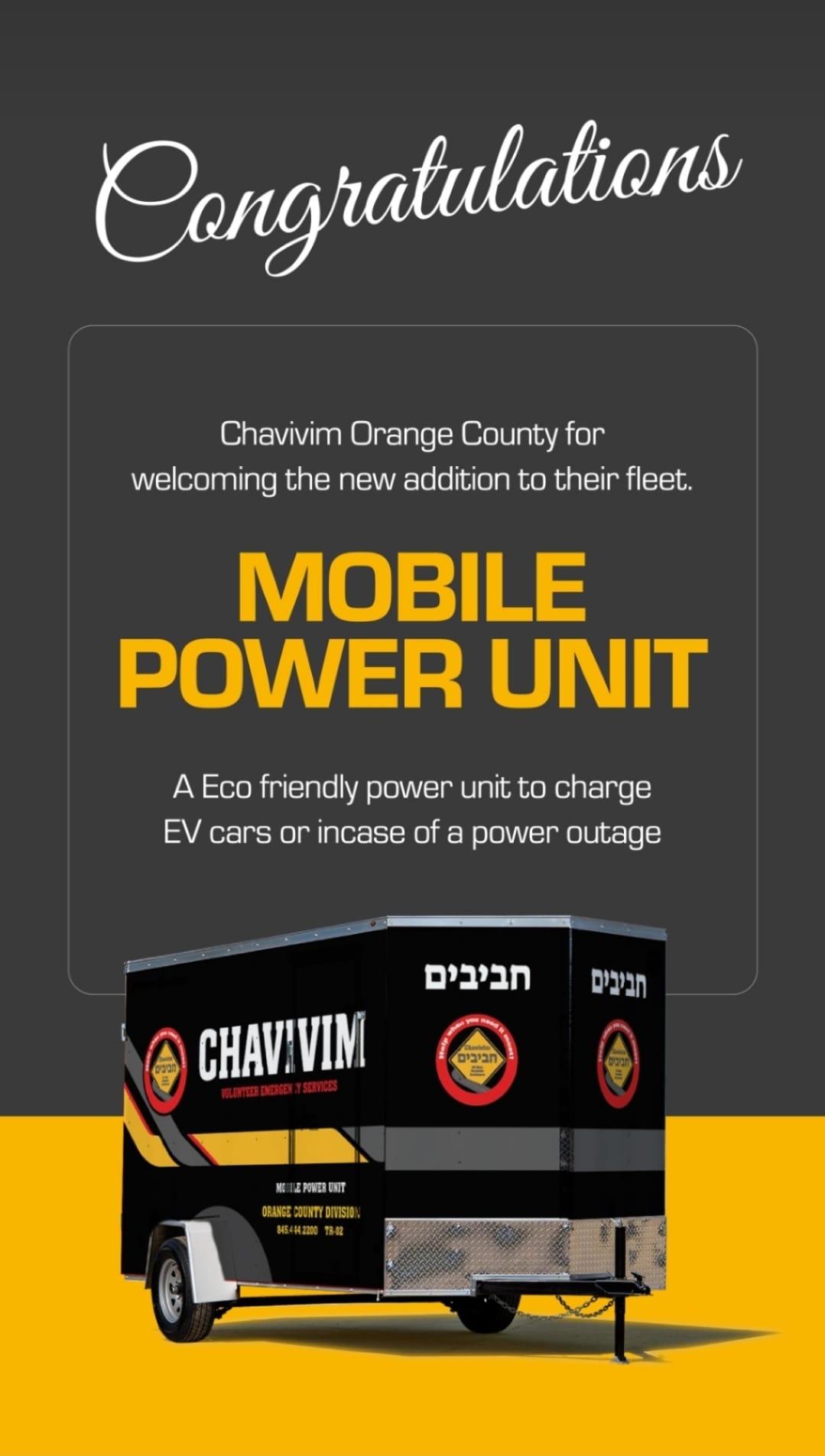 Congratulations Chavivim Orange County on the New Mobile Power Unit